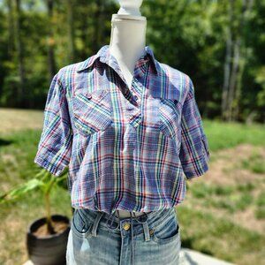 Authentic Vintage 70's plaid tie up that 70'a show blouse shirt